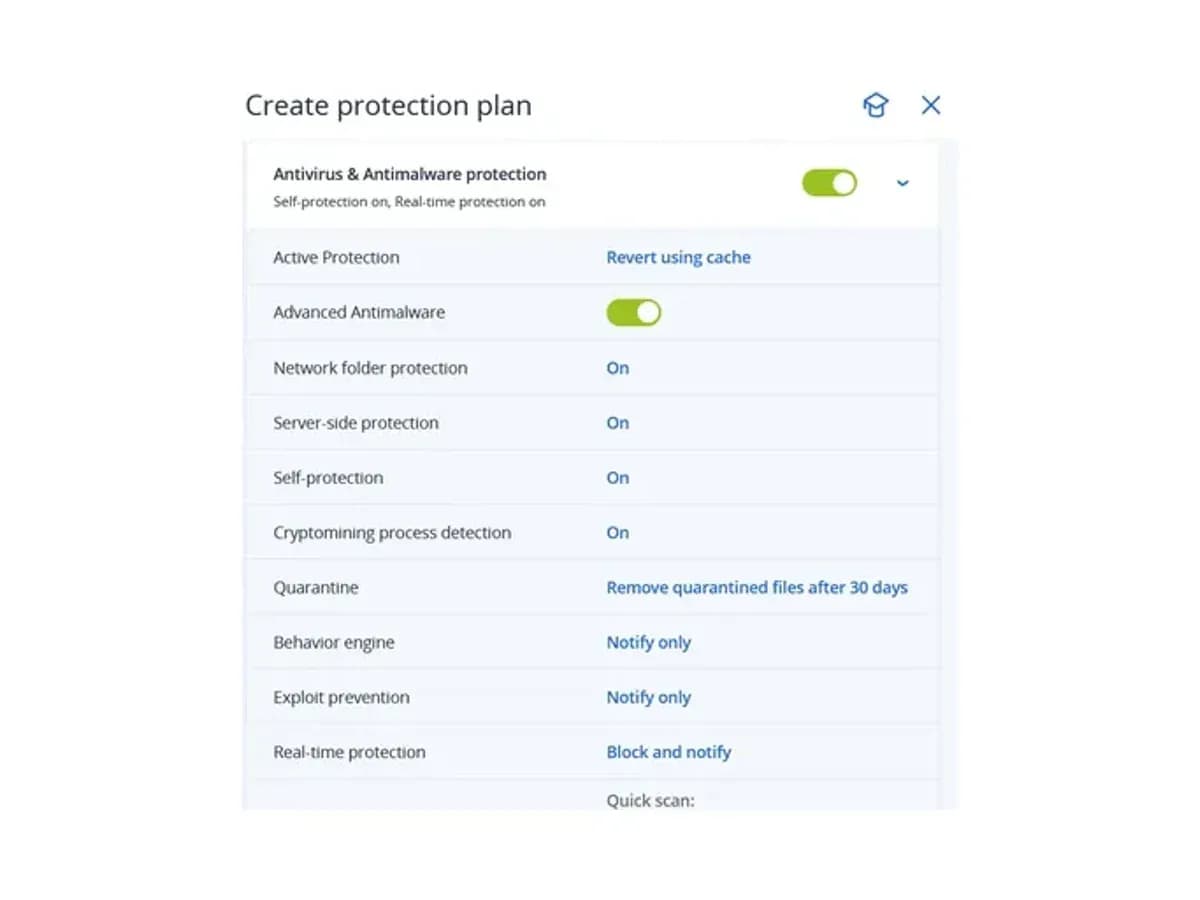 Розділ Antivirus & Antimalware плану захисту Acronis з параметрами Active Protection, захисту в реальному часі та карантину