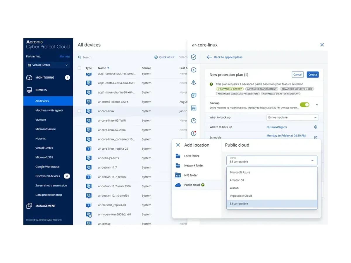 Вікно Add location у плані захисту Acronis з варіантами локальної папки, мережевої папки та S3-сумісної хмари