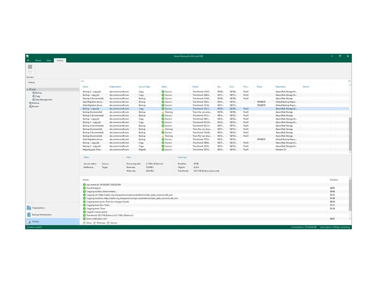 Історія завдань резервного копіювання та журнал сеансу в консолі Veeam Backup for Microsoft 365