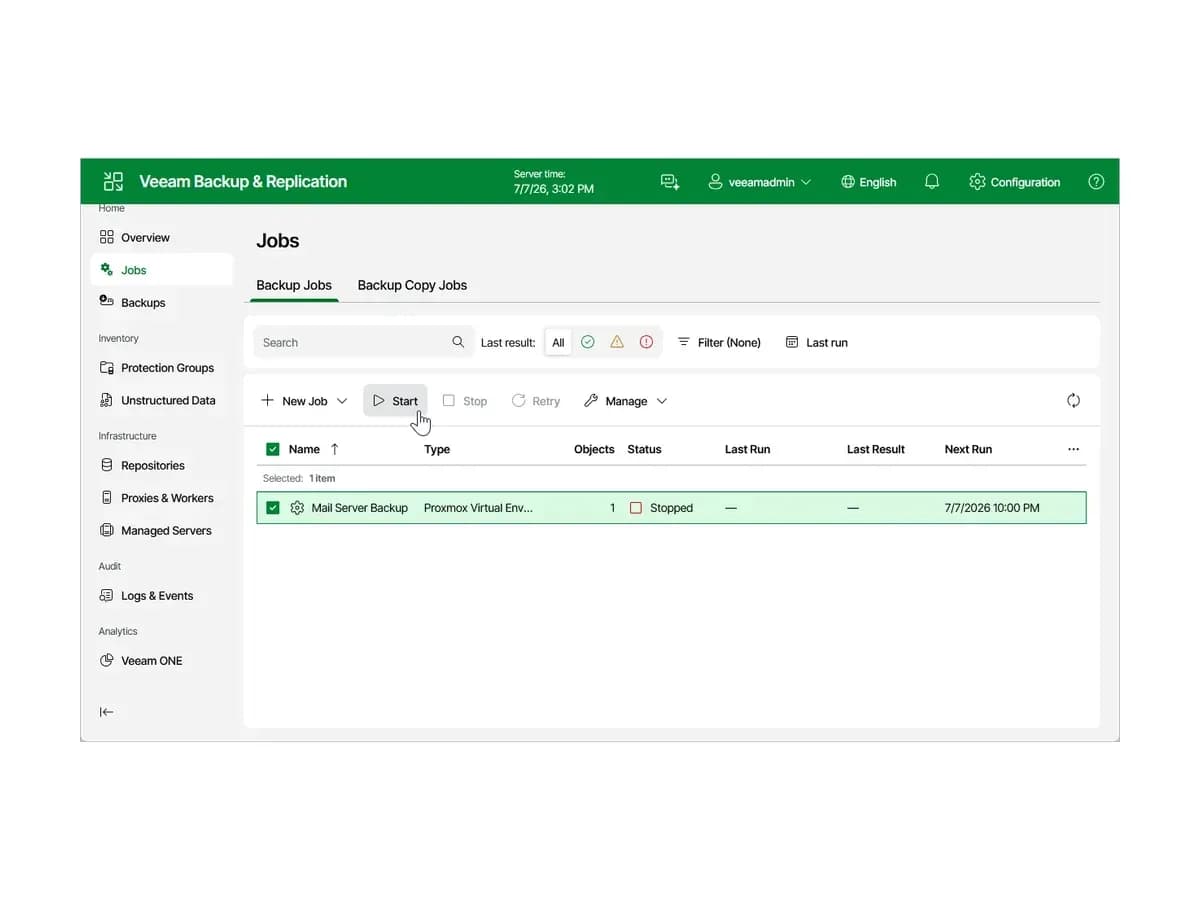 Екран Jobs у вебінтерфейсі Veeam Backup & Replication зі завданням резервного копіювання Proxmox VE