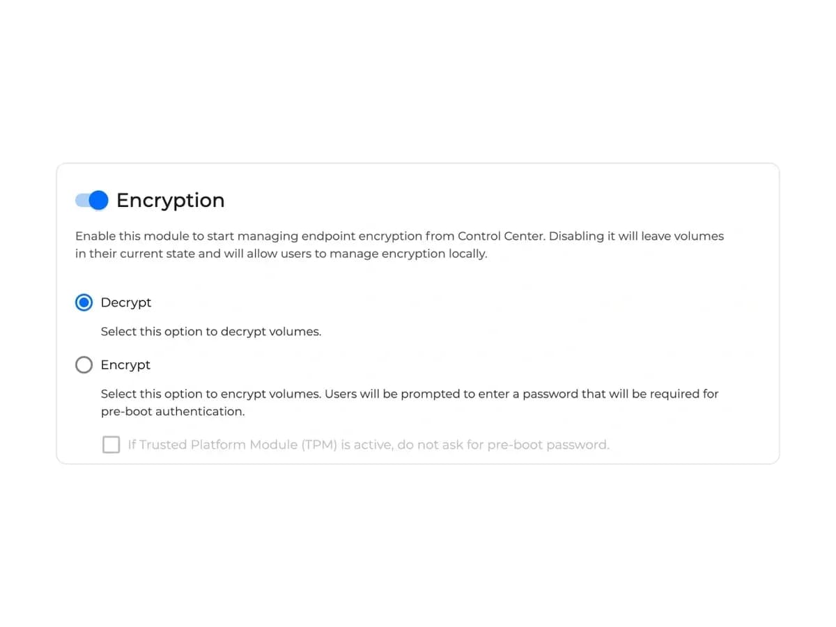 Encryption module of a Bitdefender GravityZone policy with encrypt and decrypt options