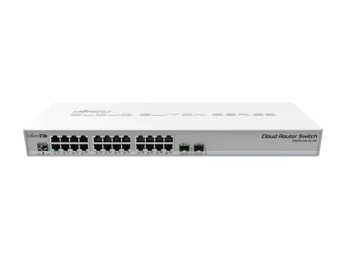 Front panel of the MikroTik Cloud Router Switch CRS326-24G-2S+RM rack-mount gigabit switch with SFP+ cages