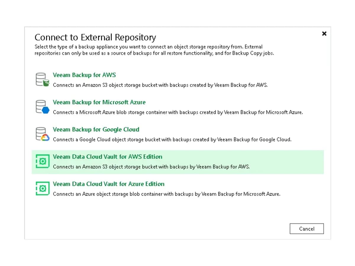 Варіанти Veeam Data Cloud Vault для AWS і Azure у вікні підключення зовнішнього сховища Veeam Backup & Replication