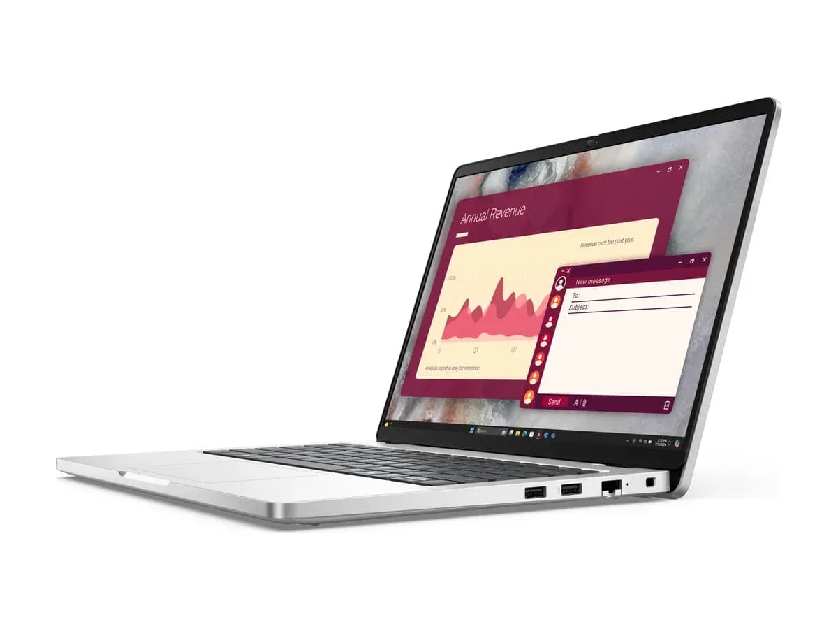 Dell Pro 14 business laptop, lid open, angled view showing side ports