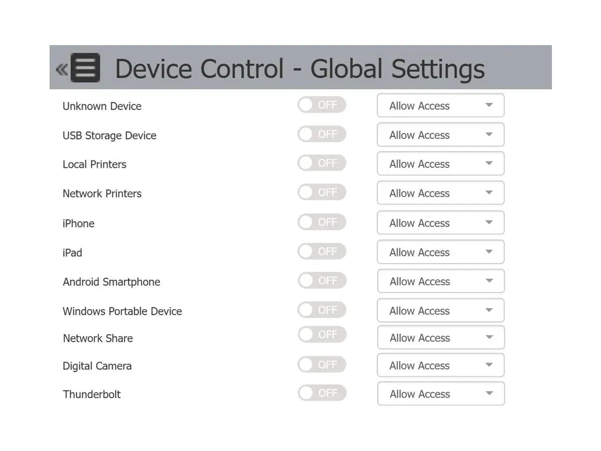 Netwrix Endpoint Protector device control global settings with device type access list