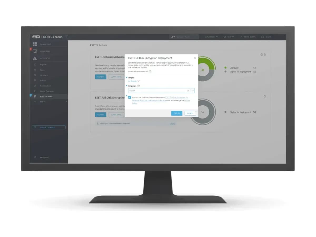 Вікно розгортання ESET Full Disk Encryption у консолі ESET PROTECT на моніторі