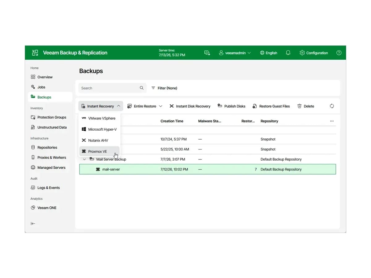 Меню Instant Recovery з варіантом відновлення в Proxmox VE у вебінтерфейсі Veeam Backup & Replication