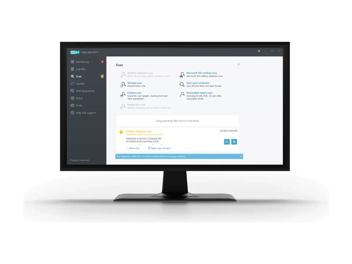 Екран сканування інтерфейсу ESET Mail Security на моніторі