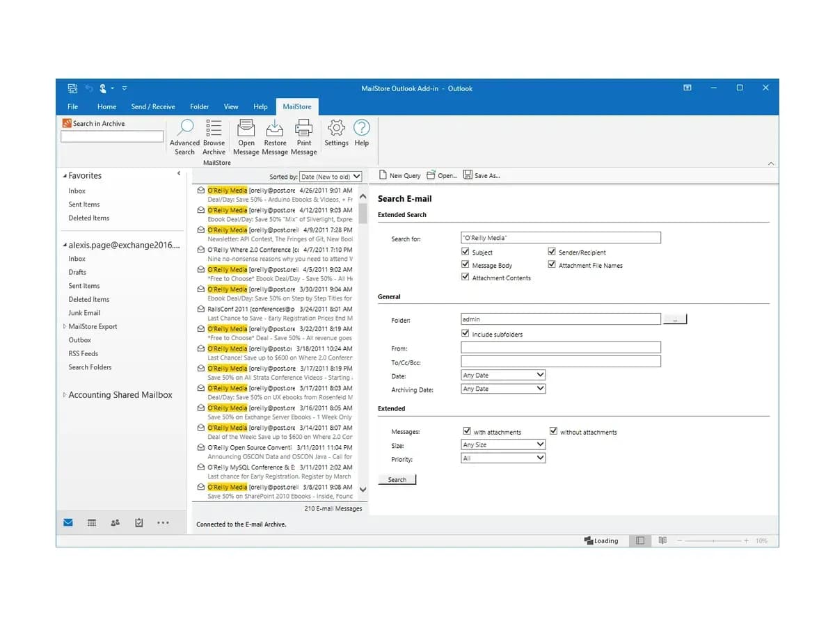 Розширений пошук листів в архіві за допомогою надбудови MailStore у Microsoft Outlook