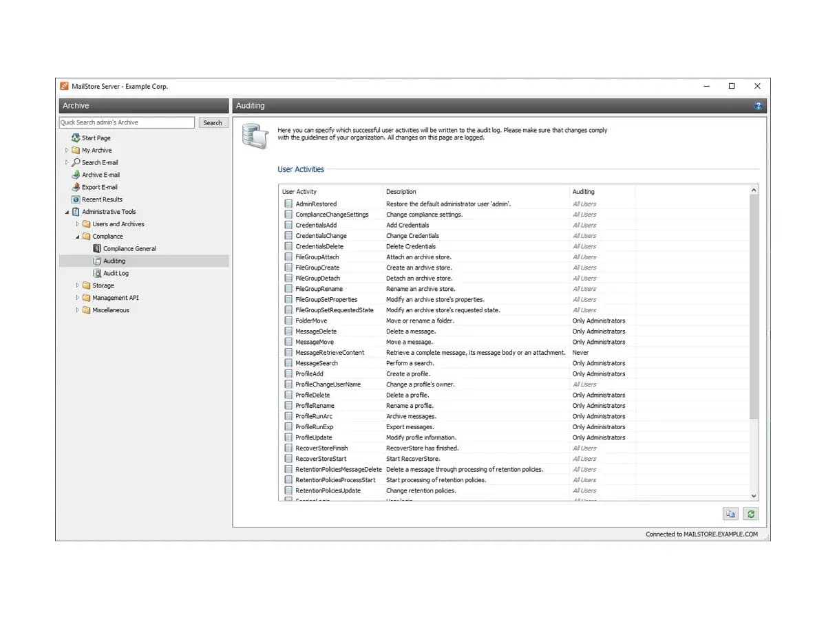 Список дій користувачів у налаштуваннях аудиту MailStore Server