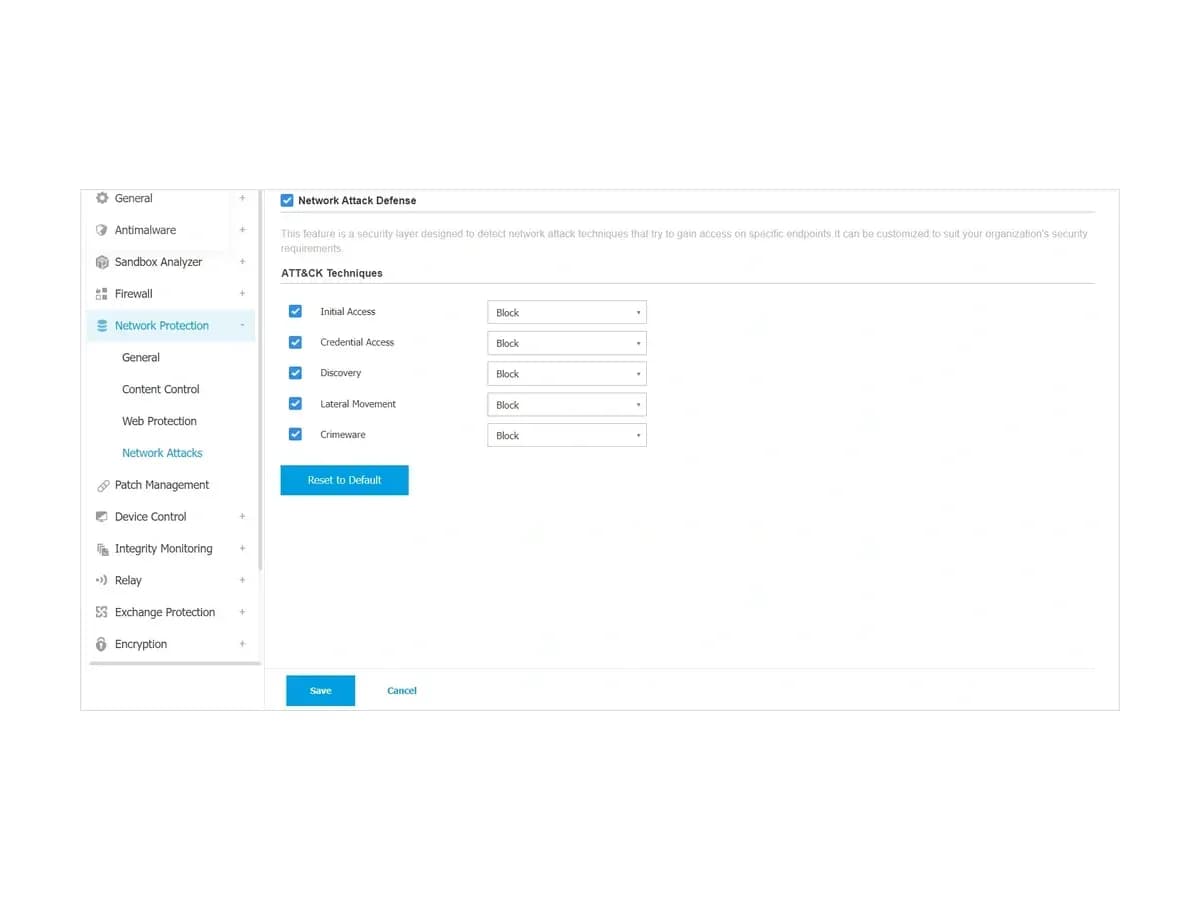 Network Attack Defense section of a Bitdefender GravityZone policy with blocking settings per ATT&CK technique