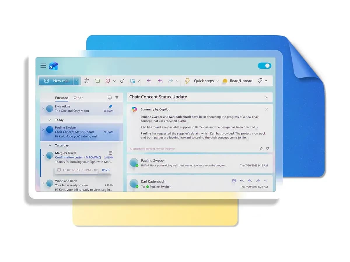 Вхідні Microsoft Outlook з підсумком листа, створеним Copilot