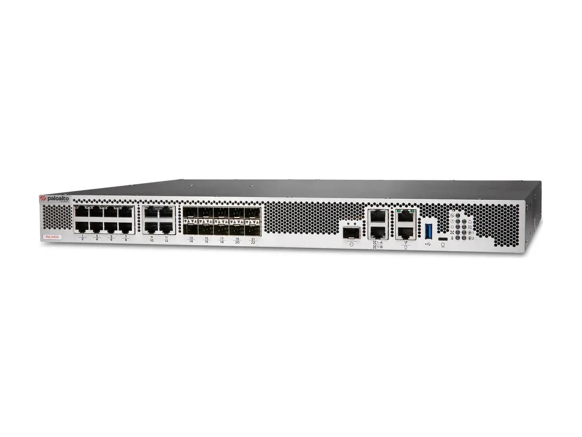 Передня панель стійкового міжмережевого екрана нового покоління Palo Alto Networks PA-1410 з портами RJ45 і SFP