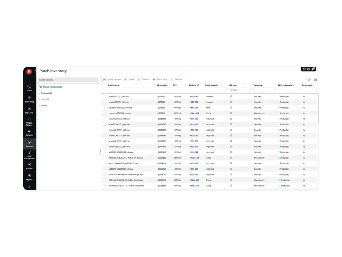 Patch Inventory screen in the Bitdefender GravityZone console listing patch name, severity and affected endpoints
