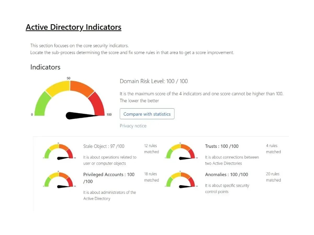 Netwrix PingCastle report with Active Directory domain risk level and indicator gauges