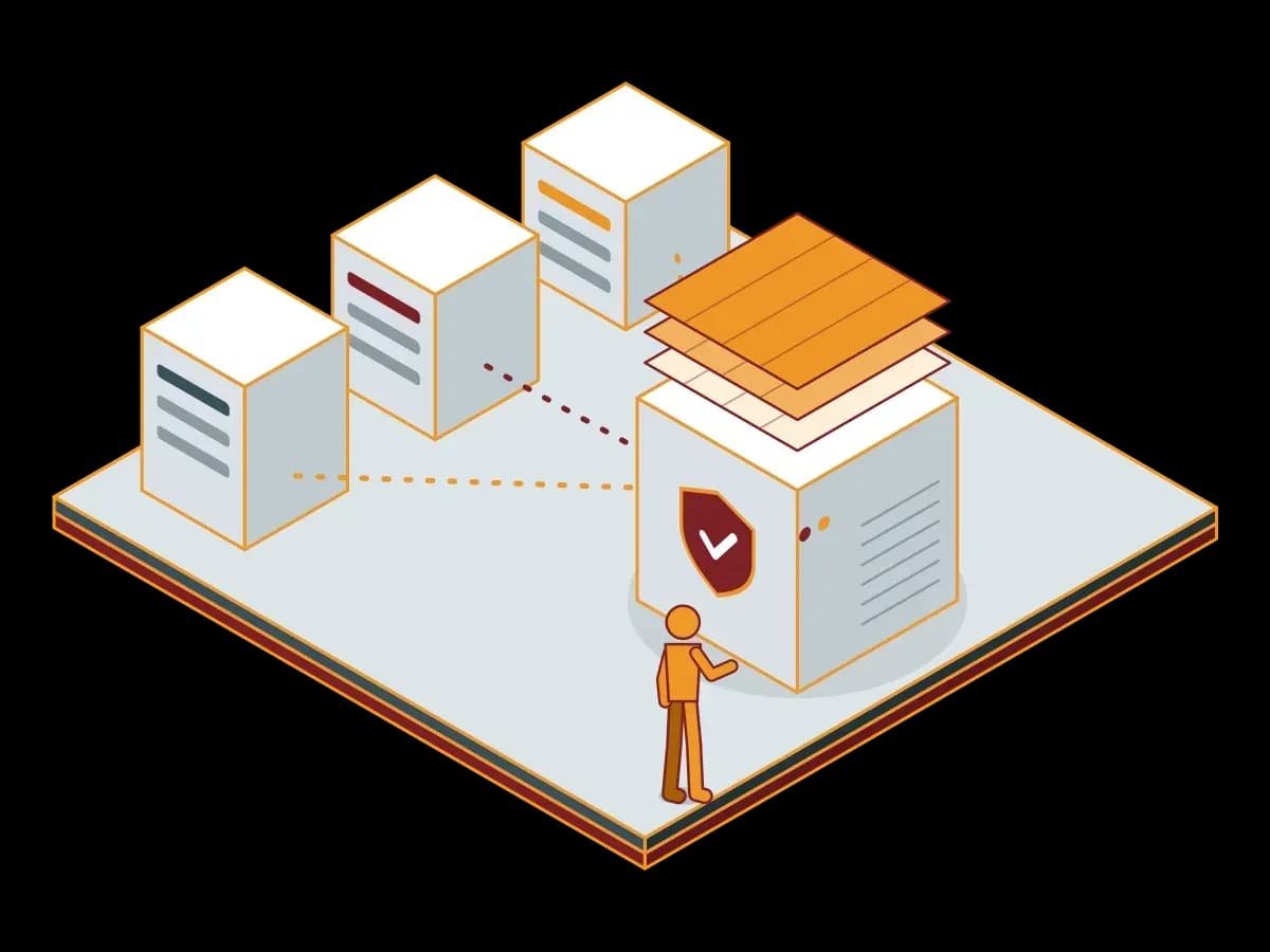Email from three company buildings with different domains comes together at one gateway; an isometric illustration of the multi-domain scenario