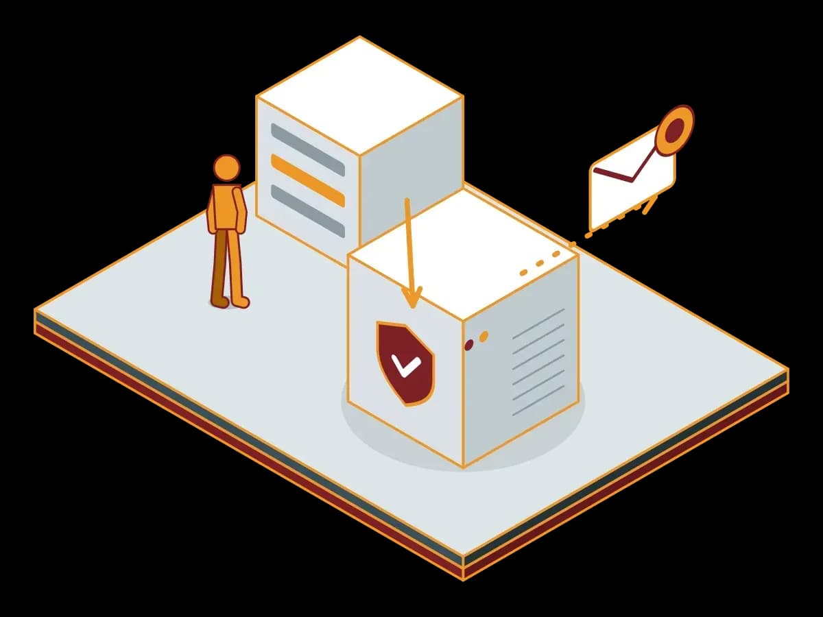 Email that leaves the company building is checked at the gateway and goes out with a seal; an isometric illustration of the outbound mail control scenario