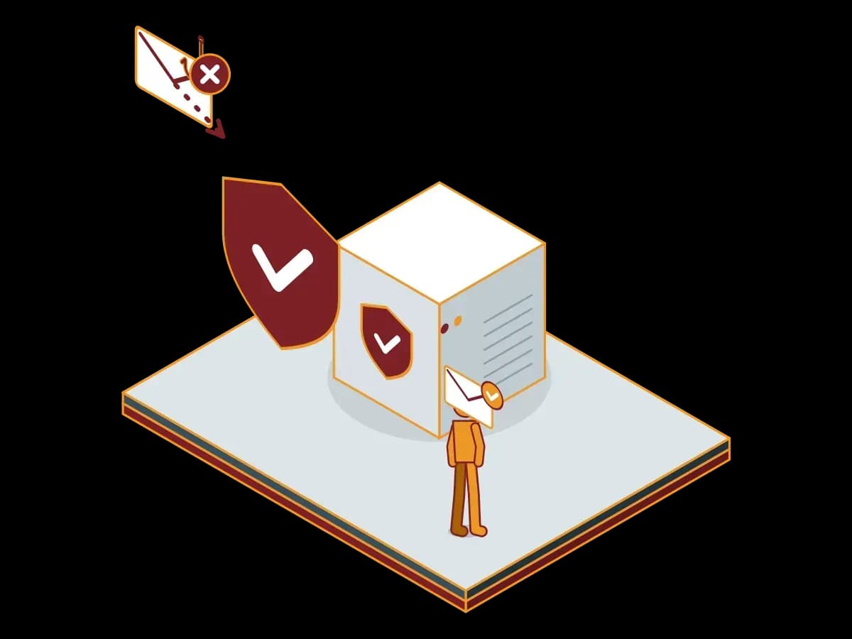An email carrying a phishing hook hits a shield and stops, and the user receives only clean mail; an isometric illustration of the phishing risk reduction scenario