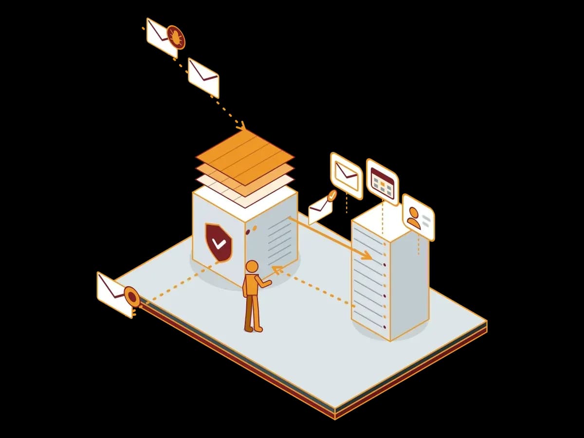 Incoming emails pass a layered filter and reach an on-premises mail server with mail, calendar and contacts apps, and outgoing emails leave sealed through the same gateway; an isometric illustration of Zimbra server protection with Proxmox Mail Gateway
