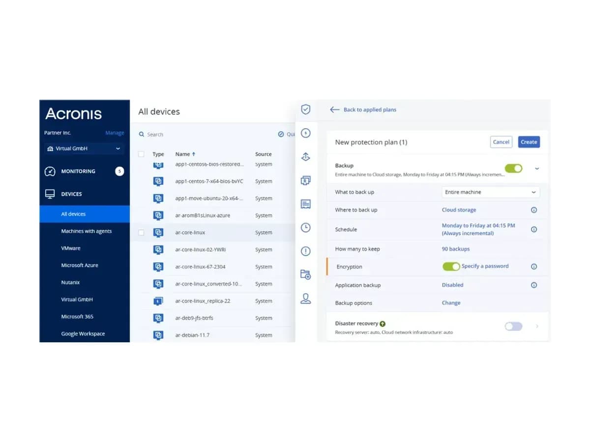 Список пристроїв Acronis Cyber Protect і панель нового плану захисту з параметрами резервного копіювання