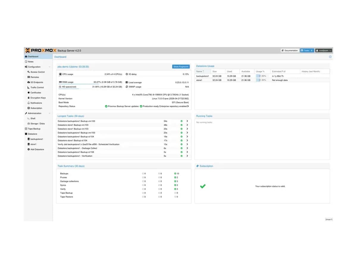 Server status and backup task dashboard in the Proxmox Backup Server web interface