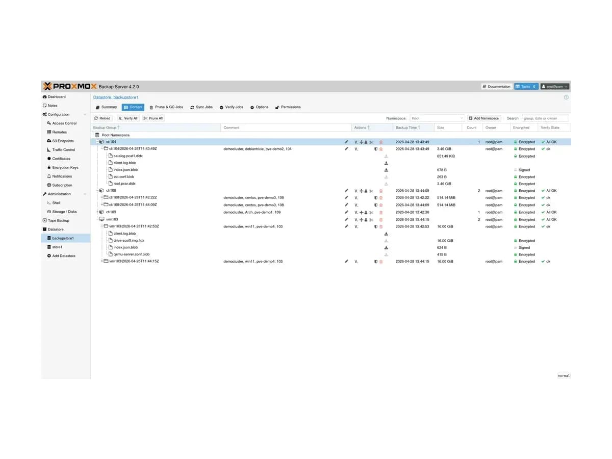 Proxmox Backup Server datastore content with backup groups, encryption and verification status