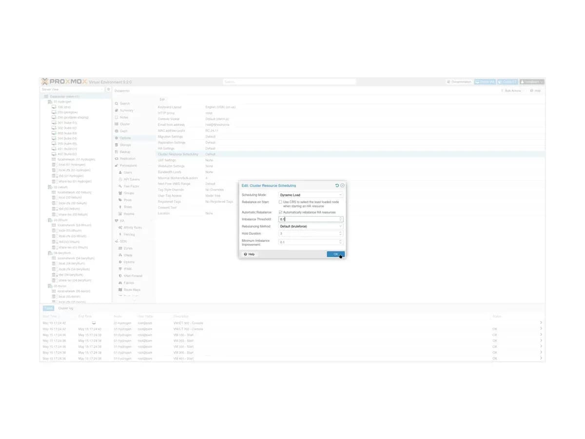 Cluster Resource Scheduling (Dynamic Load) dialog in the Proxmox Virtual Environment web interface