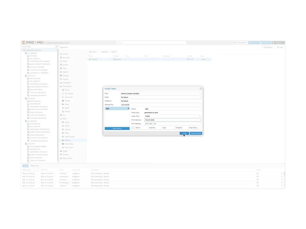 WireGuard fabric node creation dialog in the Proxmox Virtual Environment SDN section