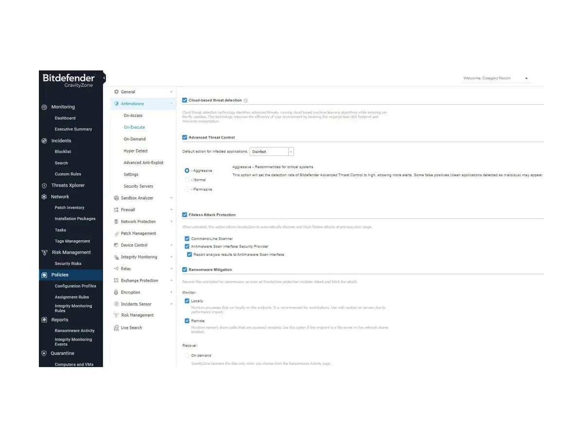Ransomware Mitigation and Advanced Threat Control sections in Bitdefender GravityZone policy settings