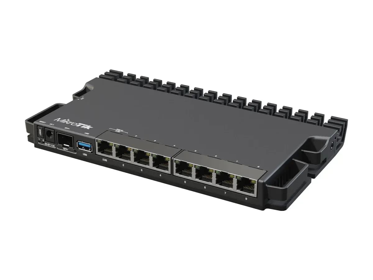 Front panel of the MikroTik RB5009UG+S+IN Ethernet router with Ethernet ports and SFP+ cage