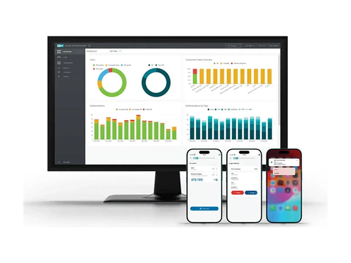Панель ESET Secure Authentication на моніторі та телефони з мобільним застосунком автентифікації