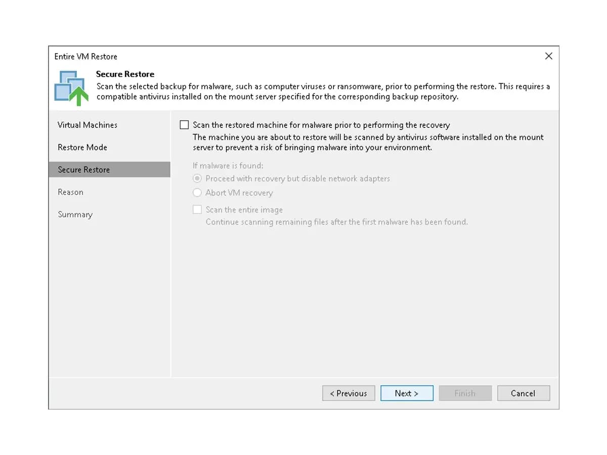 Крок Secure Restore з параметрами перевірки на шкідливе ПЗ у майстрі Entire VM Restore Veeam Backup & Replication