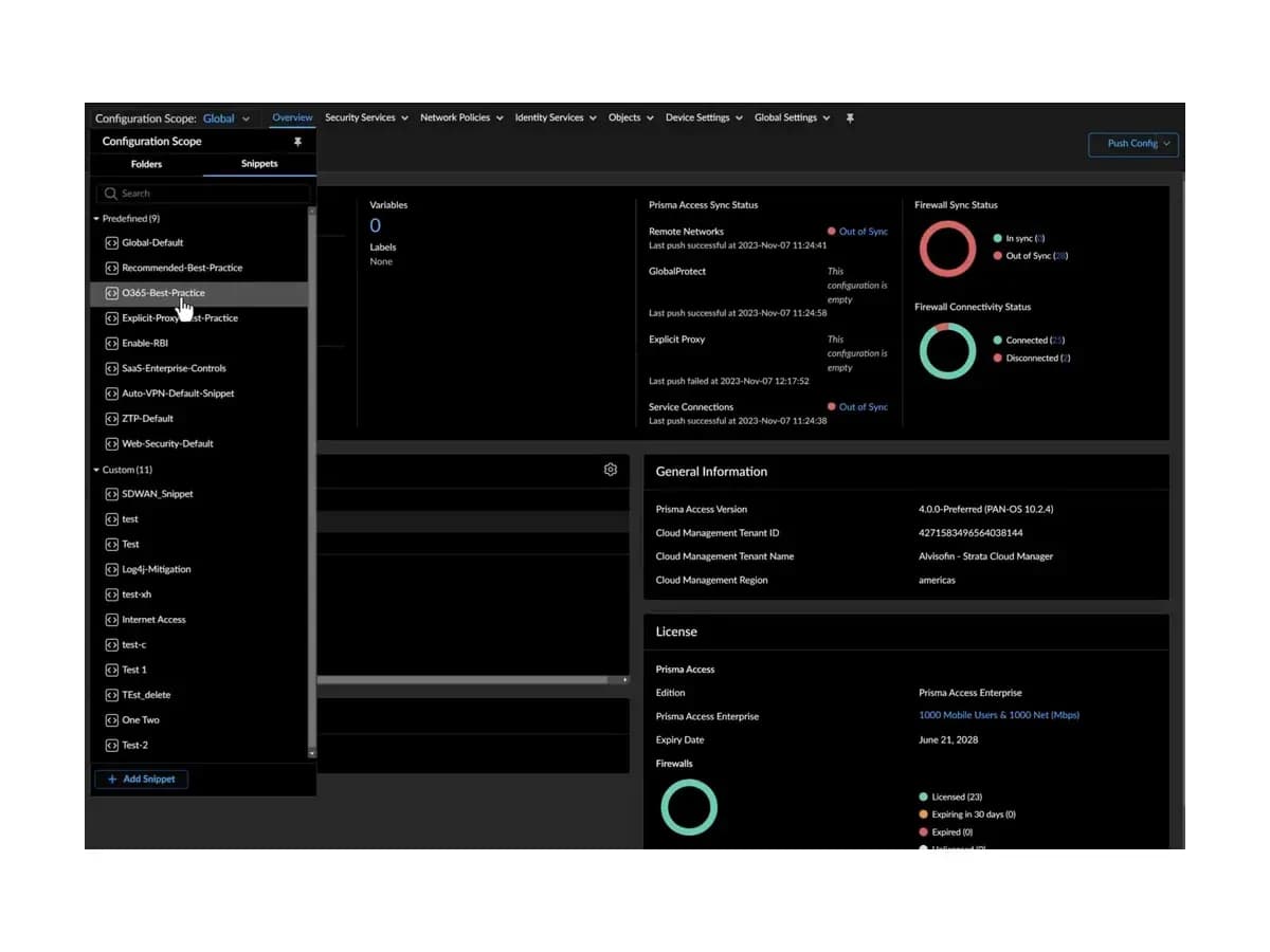 Екран керування конфігурацією Palo Alto Networks Strata Cloud Manager зі зведеннями стану міжмережевих екранів