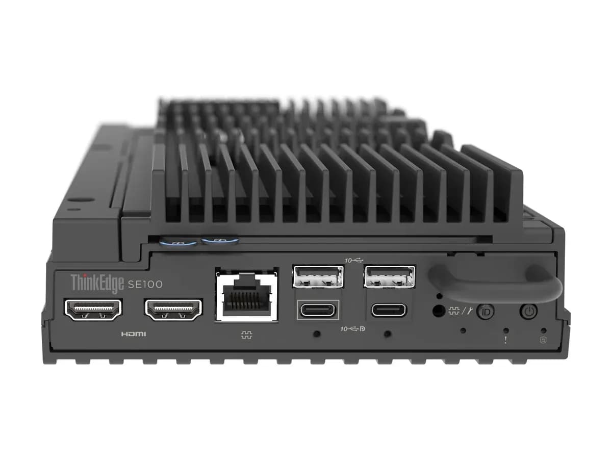 Front panel of the Lenovo ThinkEdge SE100 edge server with HDMI, USB and network ports