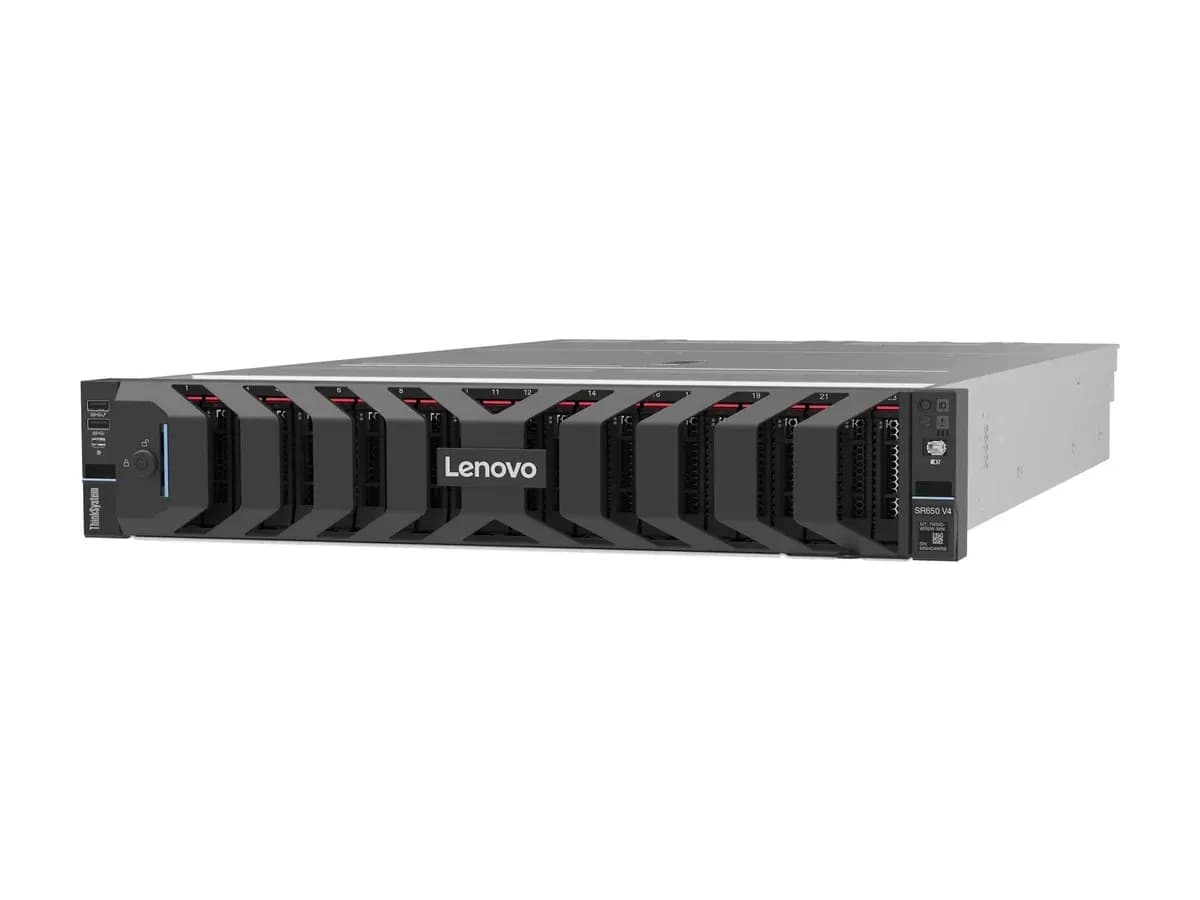 Lenovo ThinkSystem SR650 V4 rack server with security bezel, angled left view