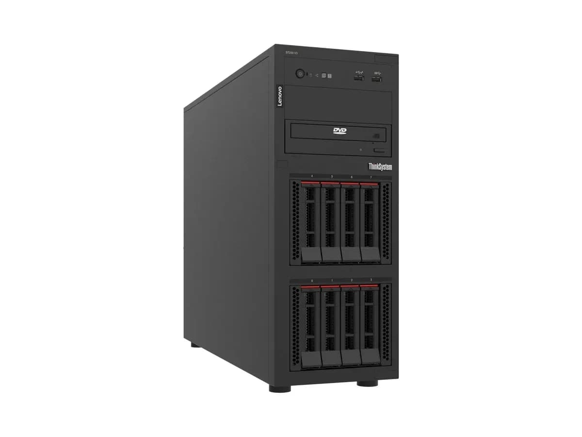 Lenovo ThinkSystem ST250 V3 tower server, front view angled right