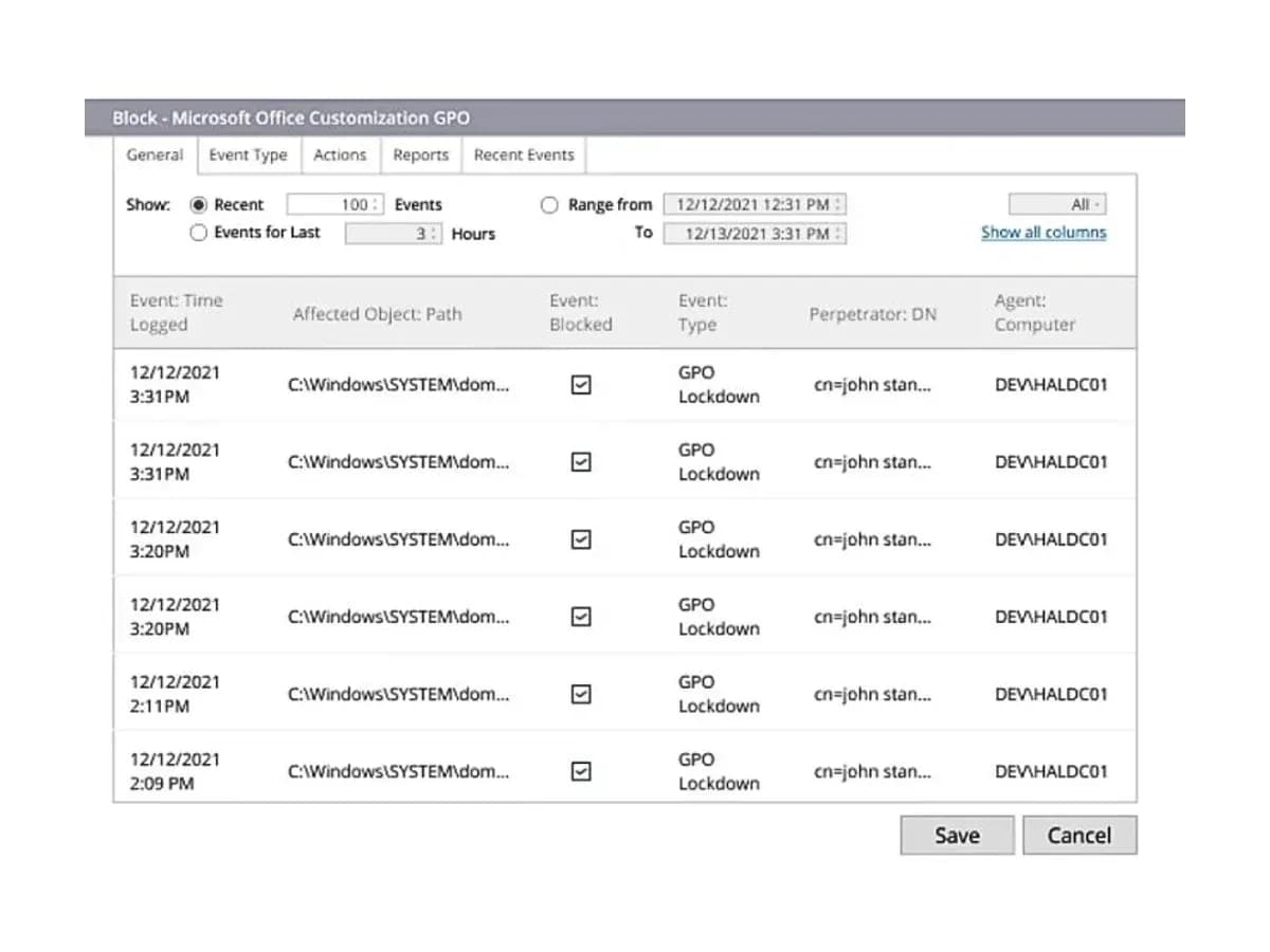 Netwrix Threat Prevention blocking policy event list with blocked GPO changes