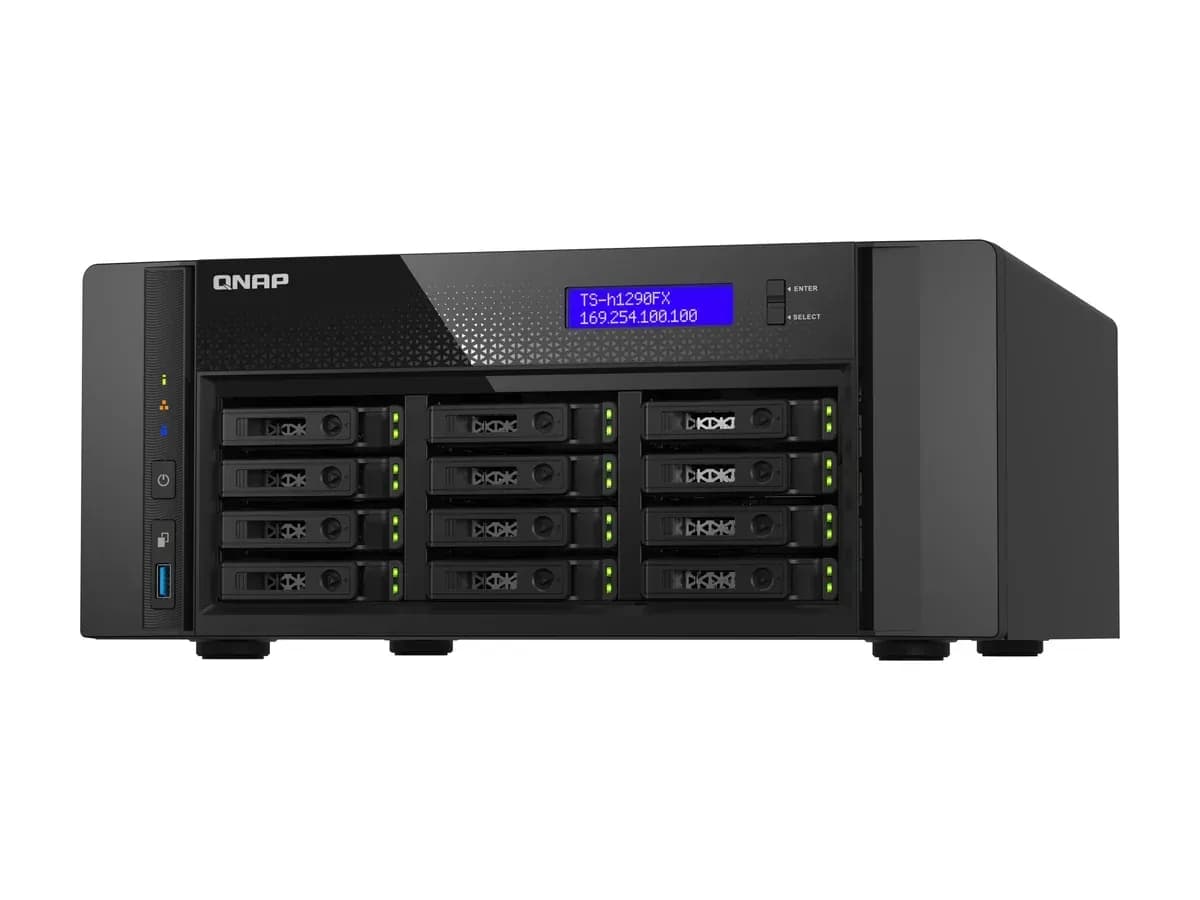 All-flash NAS QNAP TS-h1290FX у корпусі tower з відсіками для SSD, вигляд праворуч під кутом