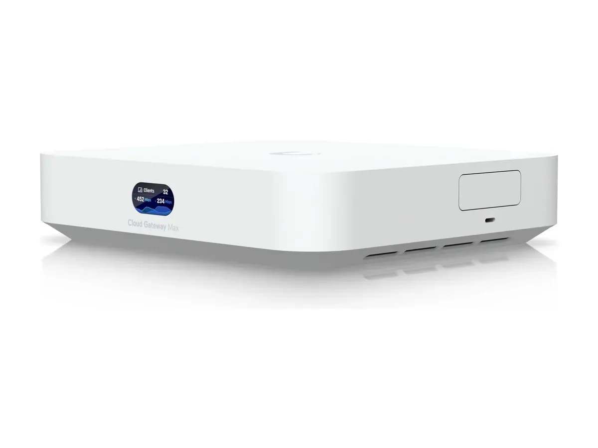 Desktop UniFi Cloud Gateway Max with its front display