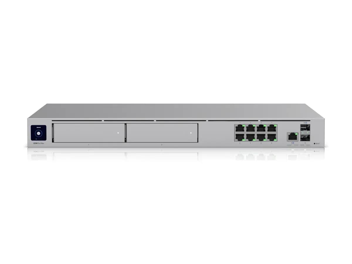 Front panel of the UniFi Dream Machine Pro Max rack-mount Cloud Gateway with drive bays and network ports