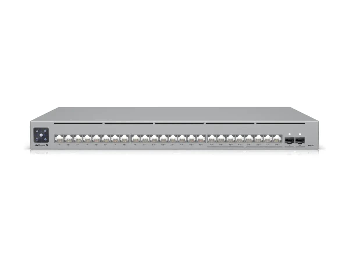 Front panel and Ethernet ports of the UniFi Switch Pro Max 24 PoE rack-mount Layer 3 PoE switch