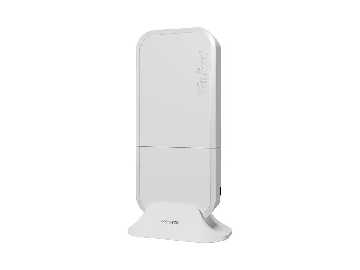 MikroTik wAP ax weatherproof Wi-Fi 6 wireless access point standing on its mount