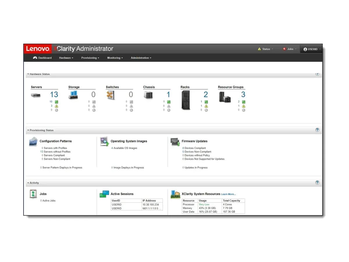 Lenovo XClarity Administrator dashboard showing hardware status and firmware update summary