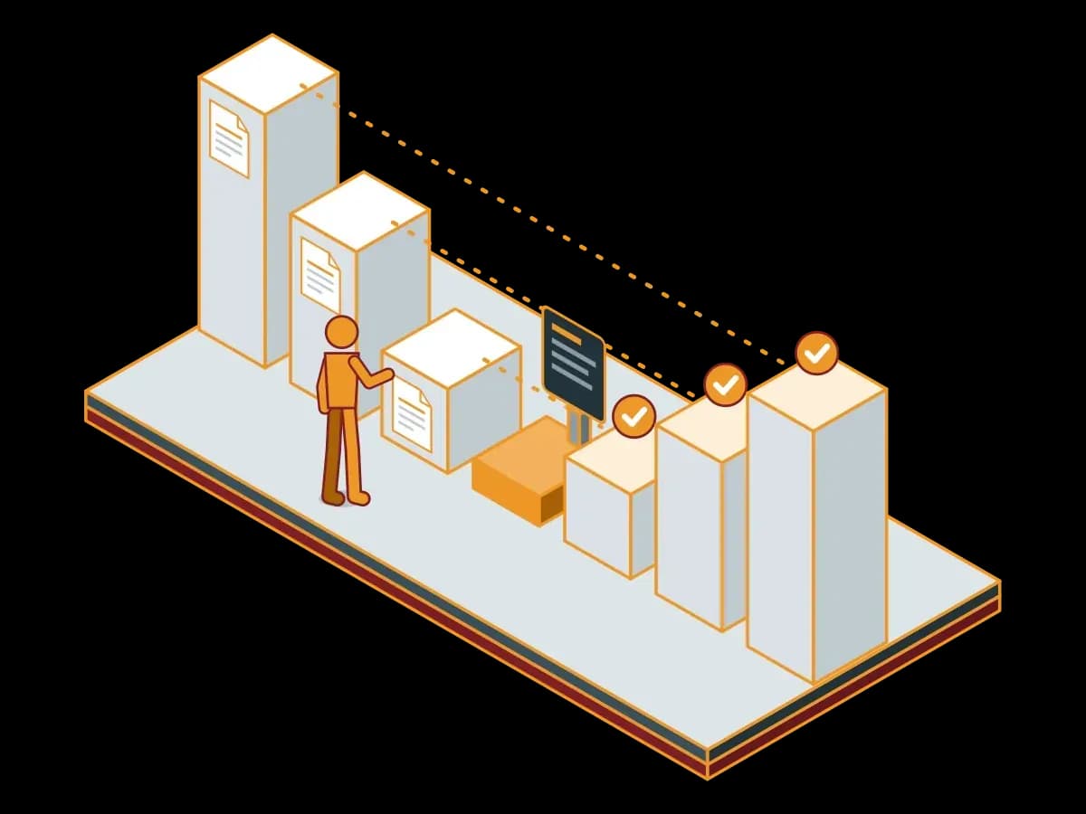 A V shape with documented requirement and design steps on the left arm, test steps with check marks on the right arm and traceability links between them, with a computer at the base; an isometric illustration of computerised system validation