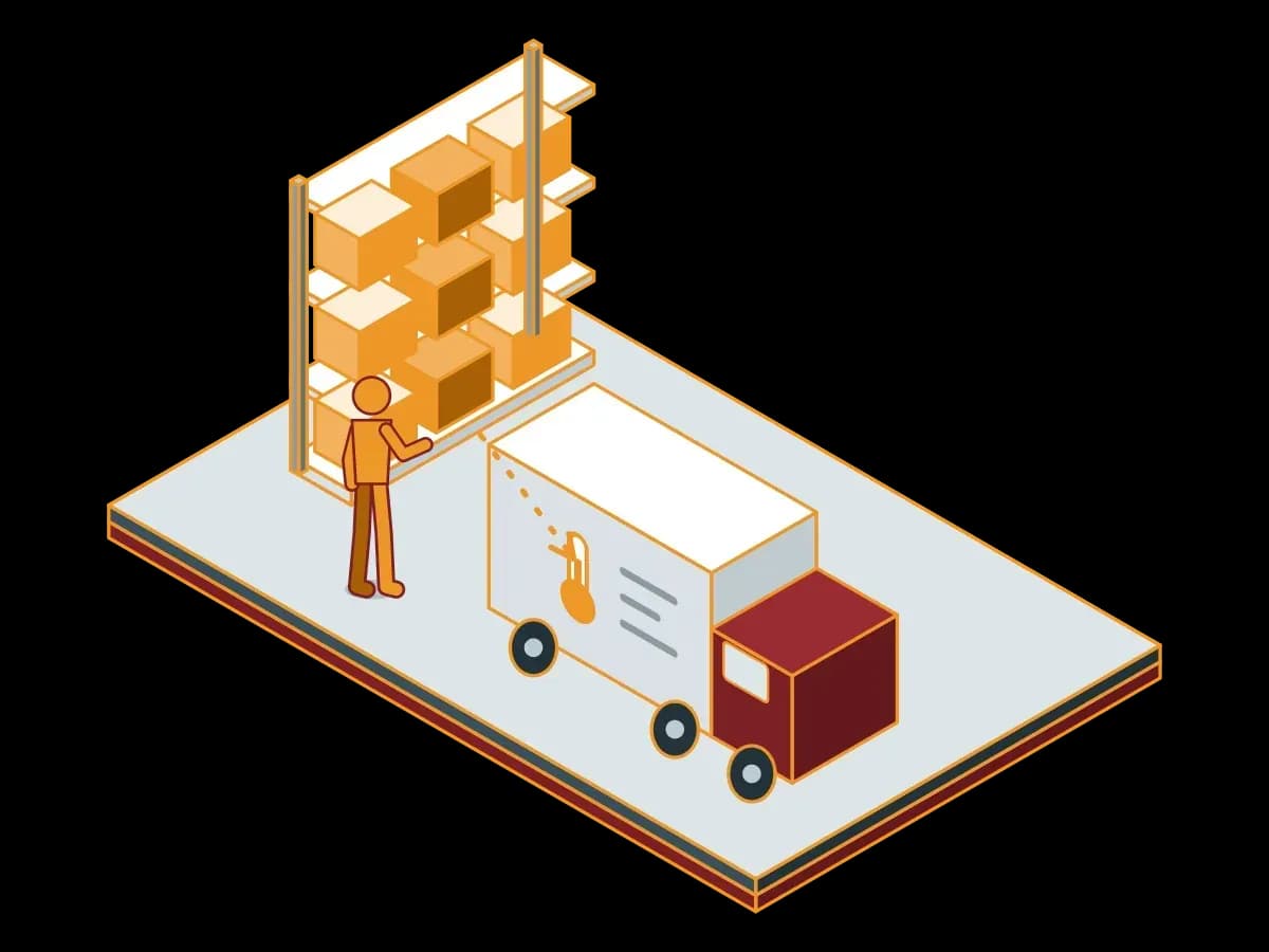 Boxes move from a warehouse shelf to a truck with a temperature indicator along a route line; an isometric illustration of temperature-controlled distribution under GDP