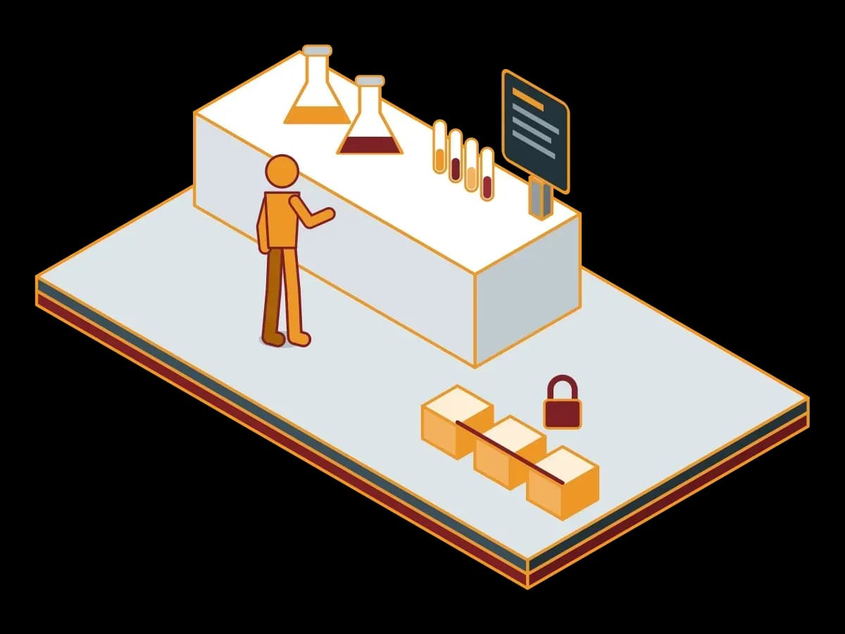 Flasks and tubes on a lab bench, a screen showing measurement data and record blocks in a locked chain; an isometric illustration of data integrity and audit trail under GLP