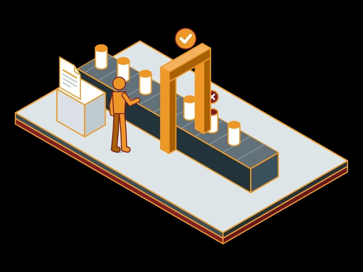 Vials on a conveyor pass an inspection gate, a conforming vial gets a check mark and a nonconforming vial gets a cross, and a batch record stands beside the line; an isometric illustration of GMP quality control