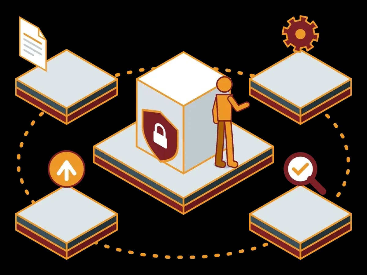 A continuous loop of a planning document, a gear for operation, a magnifier for checking and an arrow for improvement around a central locked shield; an isometric illustration of an ISO/IEC 27001 information security management system