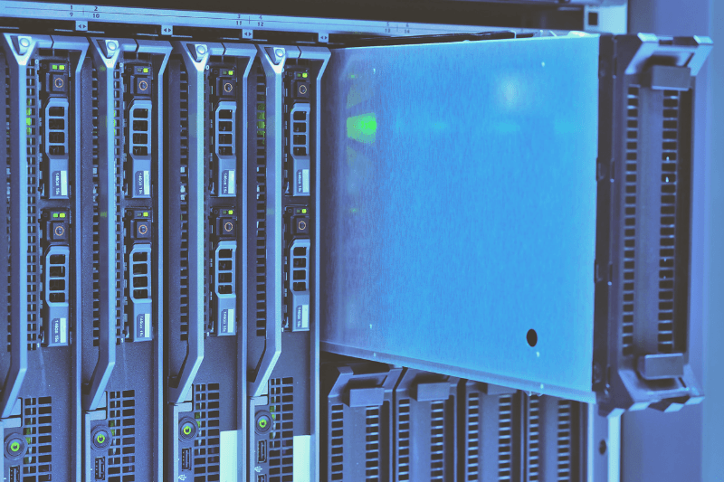 Blade servers lined up in a data center rack