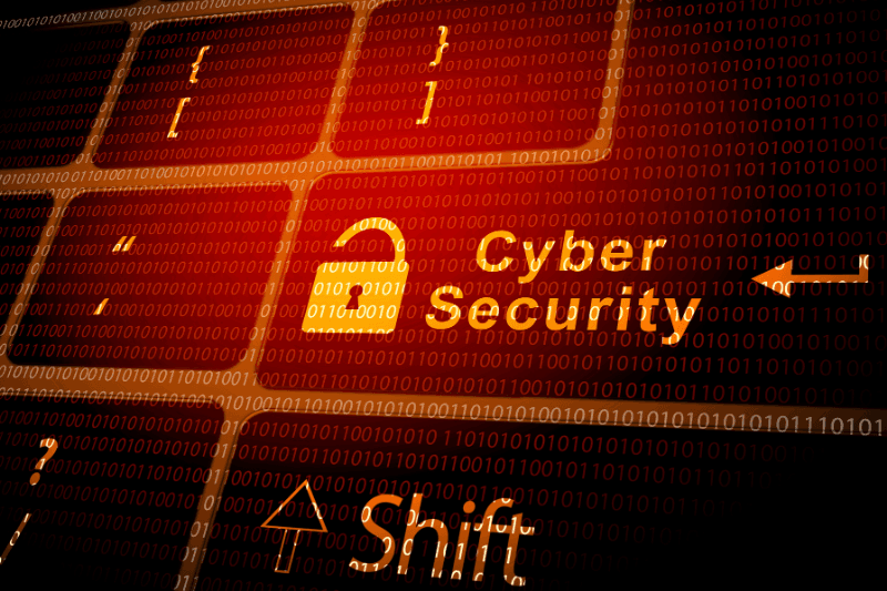Red-lit keyboard with a padlock icon and the words “Cyber Security”